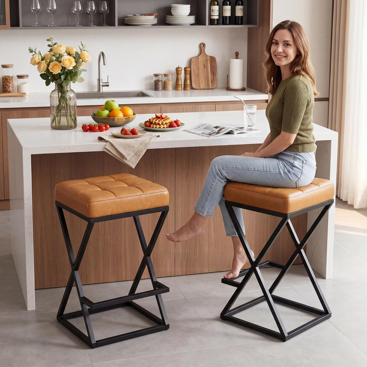 Backless Bar Stools Set of 2, 26 Inch Counter Barstools, PU Brown
