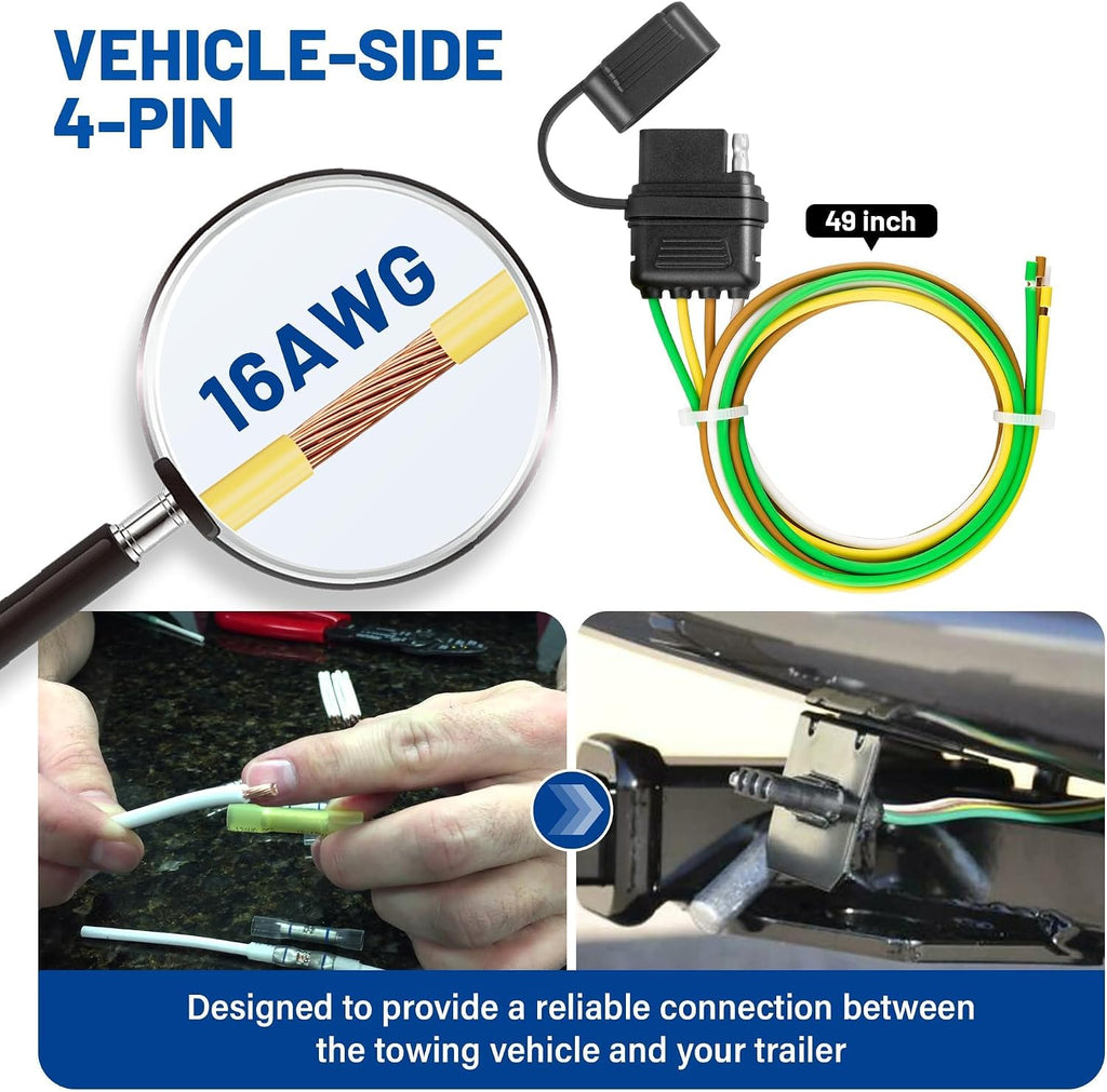 4 Pin Vehicle Side Trailer Wiring Harness 49 Inch, 16AWG 4 Prong Trailer Light Plug Socket with Dust Cover, Truck 4