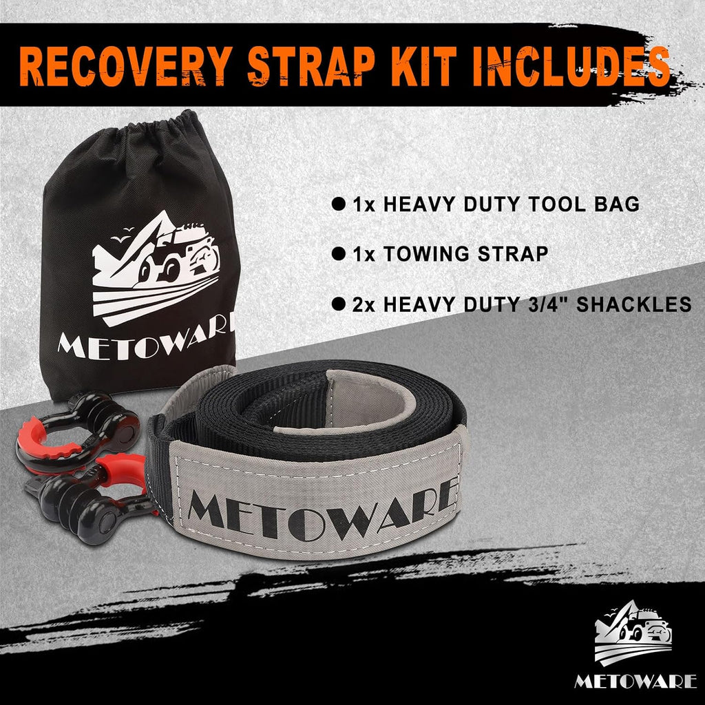 Recovery Tow Strap Kit 3" x 20ft 35000 lbs Break Strength (Gray)