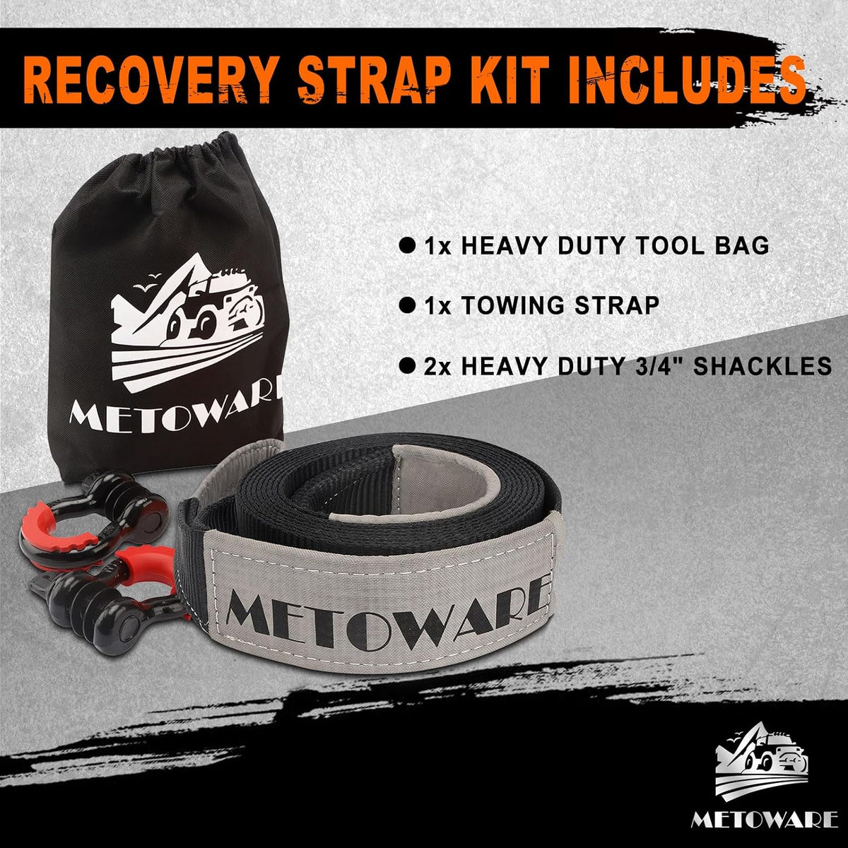 Recovery Tow Strap Kit 3" x 20ft 35000 lbs Break Strength (Gray)