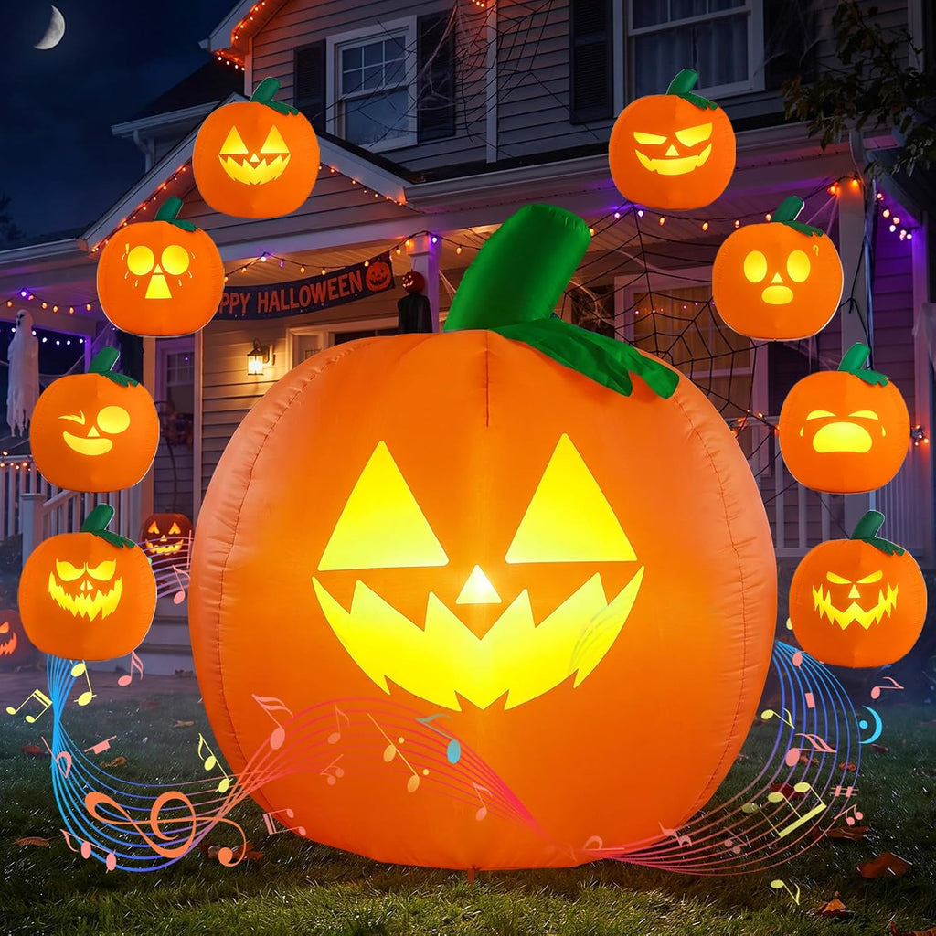 5FT Halloween Inflatables Outdoor Decorations with Projector Face and Music | Halloween Inflatable Pumpkin, Eight