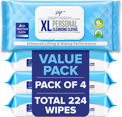 XL Adult Wipes – (4 Packs x 56 Wipes = 224 Wipes) High Traction, Uber Thick & Extra Large Wash Cloths | Disposable
