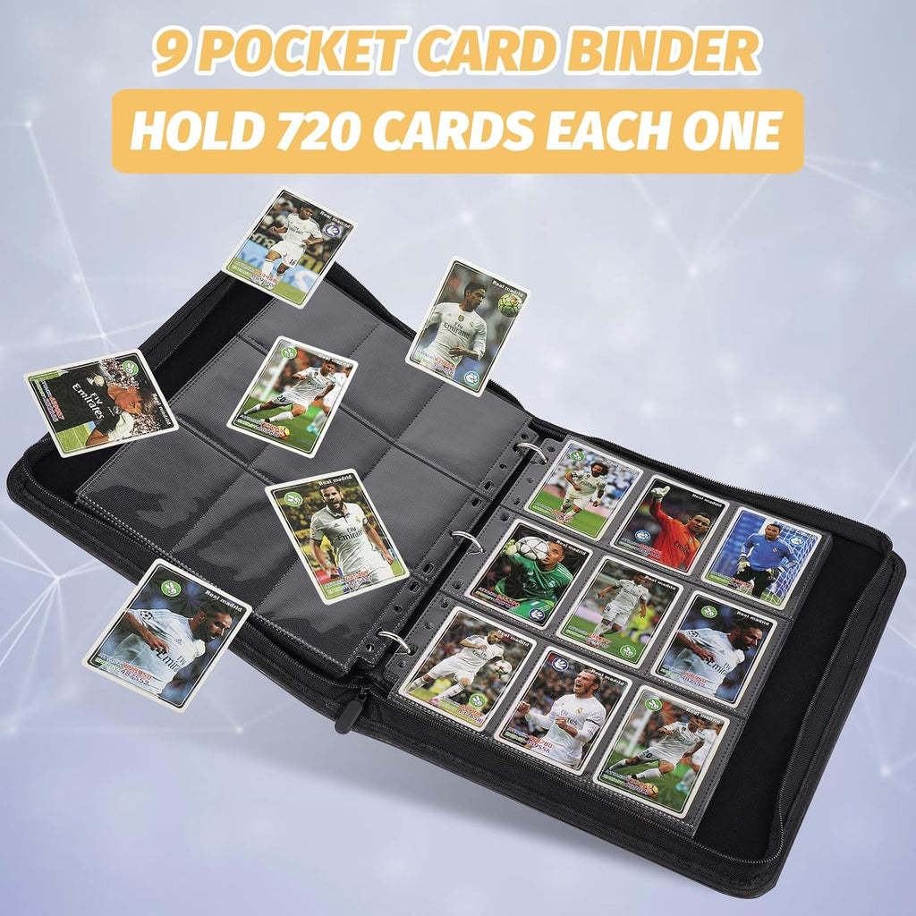 3 Ring 9 Pocket Zipper Card Binder, 720 Double Sided Standard PU Trading Card Album Folder for TCG & Sports Cards