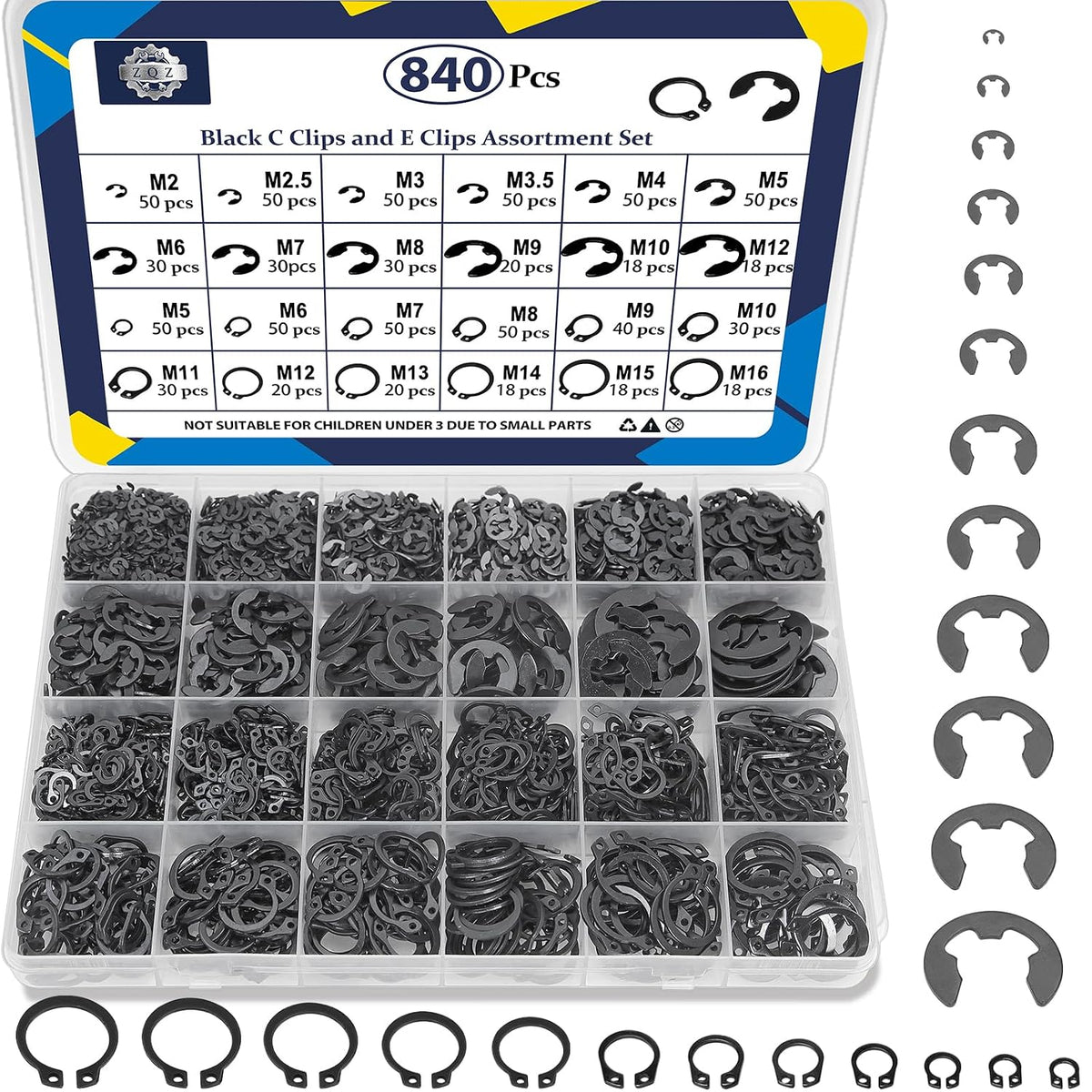 ZQZ 840Pcs C Clips and E Clips Assortment Kit, External Retaining Rings Set