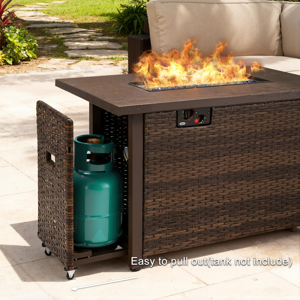 42-Inch Fire Pit Table, Rectangular Propane Fire Pit Table with Blue Stones, 50000 BTU Output