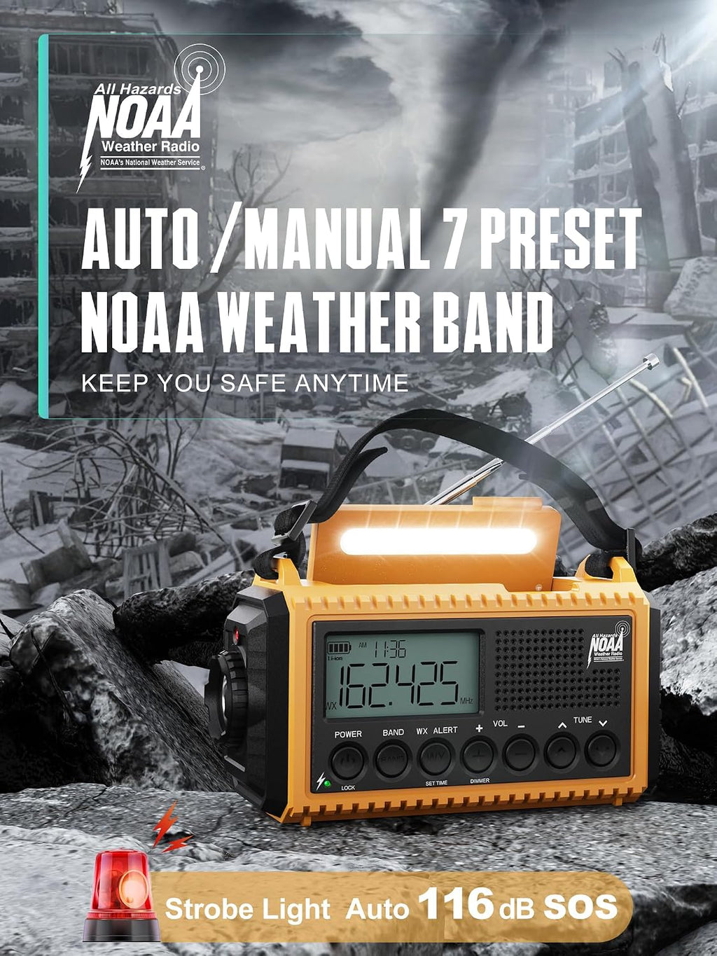 Emergency Radio Hand Crank NOAA Weather Alert/AM/FM/SW, 5000mAh Rechargeable Battery Powered Solar, Portable with