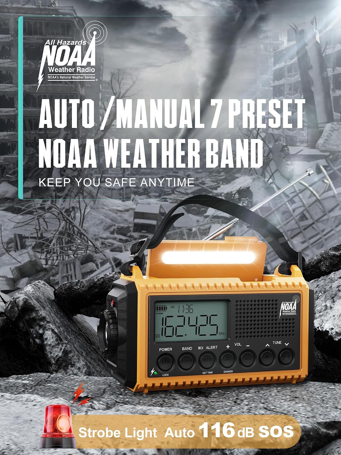 Emergency Radio Hand Crank NOAA Weather Alert/AM/FM/SW, 5000mAh Rechargeable Battery Powered Solar, Portable with