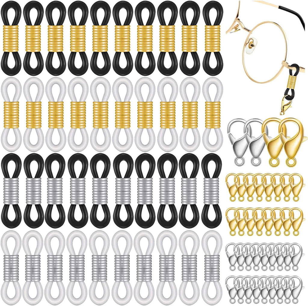 Eyeglass Chain Ends, Eyeglass Chain Connector, 200 Pieces Adjustable Spring Rubber Ends Connectors, 100 Lobster Clasp