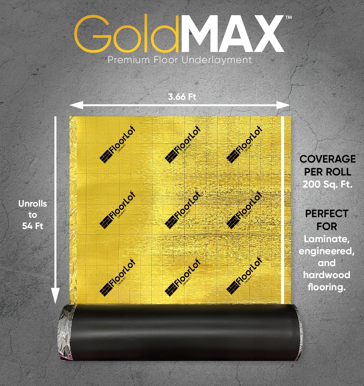 GoldMax Premium Floor Underlayment - 200 sqft Roll - 3mm Thick - with Moisture Barrier