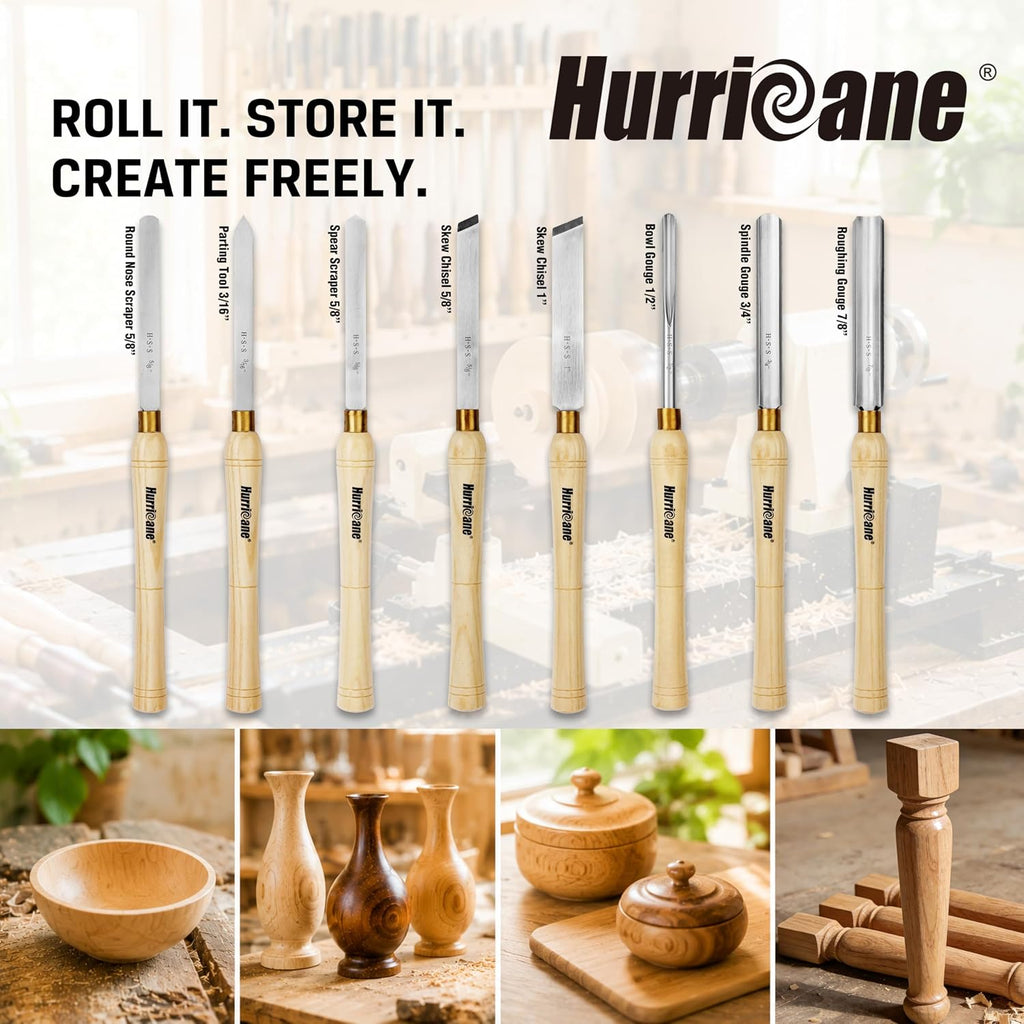 8pc Wood Lathe Chisel Set, M2 HSS Wood Turning Tools with 10" Solid Hardwood Handles, Lathe Tool Kit for Beginners
