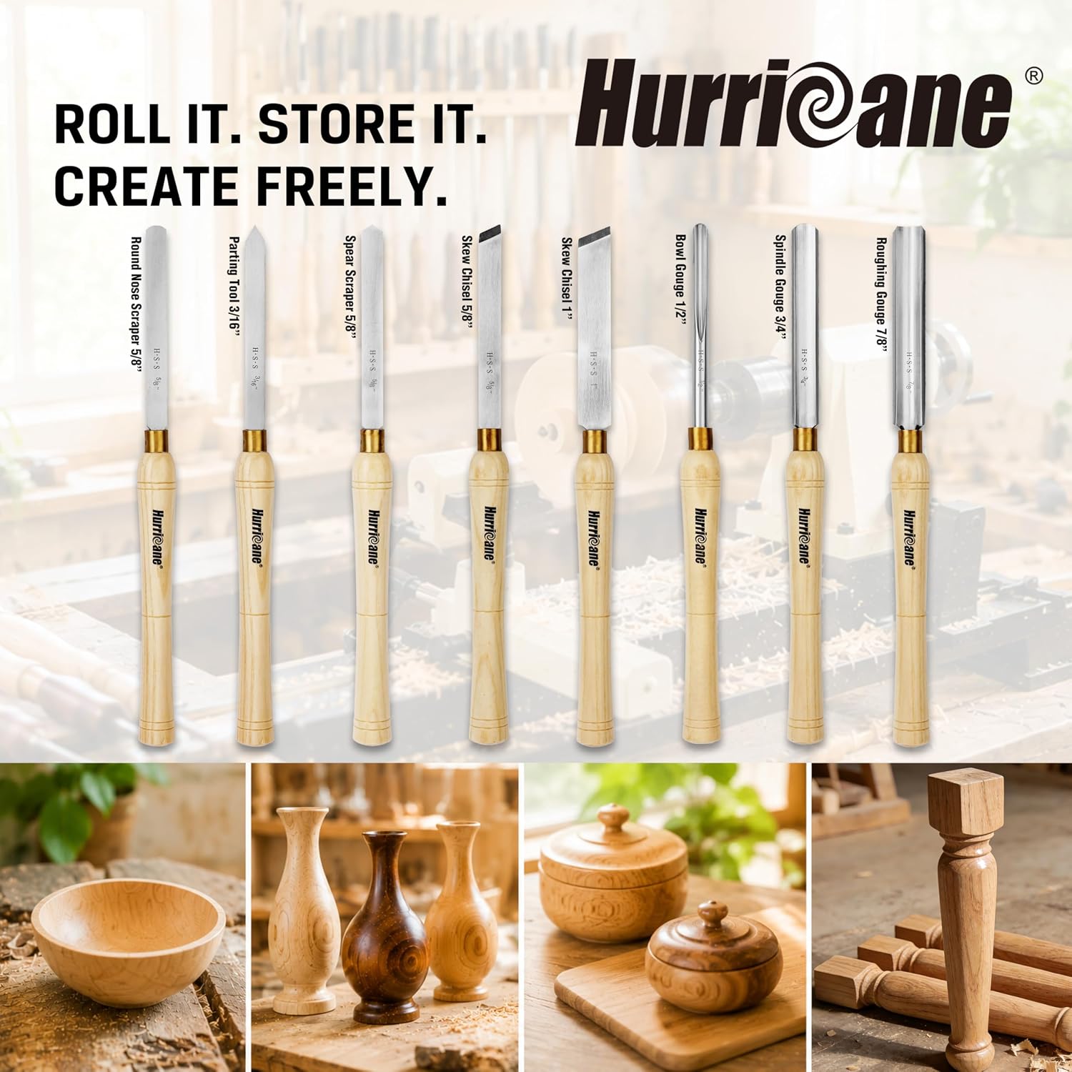 8pc Wood Lathe Chisel Set, M2 HSS Wood Turning Tools with 10" Solid Hardwood Handles, Lathe Tool Kit for Beginners