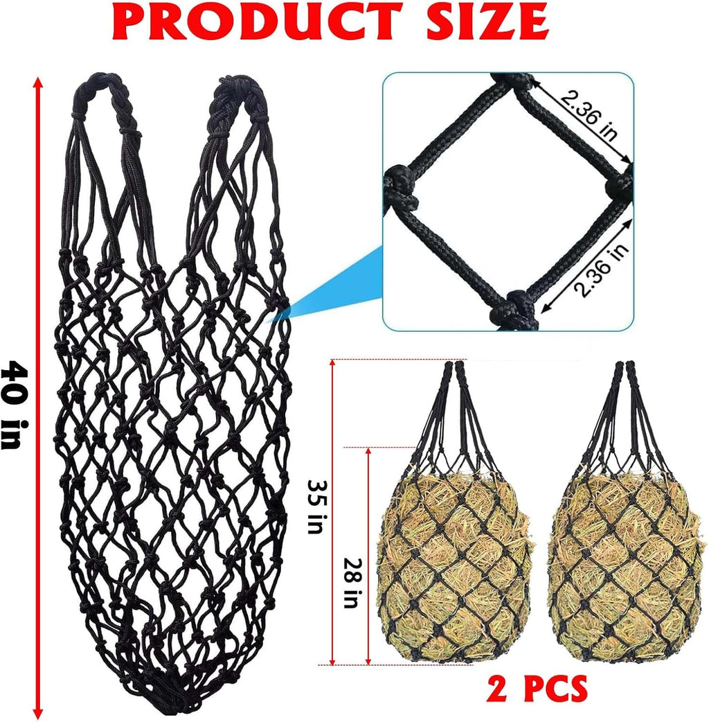 Slow Feed Hay Net for Horses,2 Pack Hanging Feeder for Horses Sheep Goats, Black Nylon Mesh Bag, 40 Inch Length, 2.36