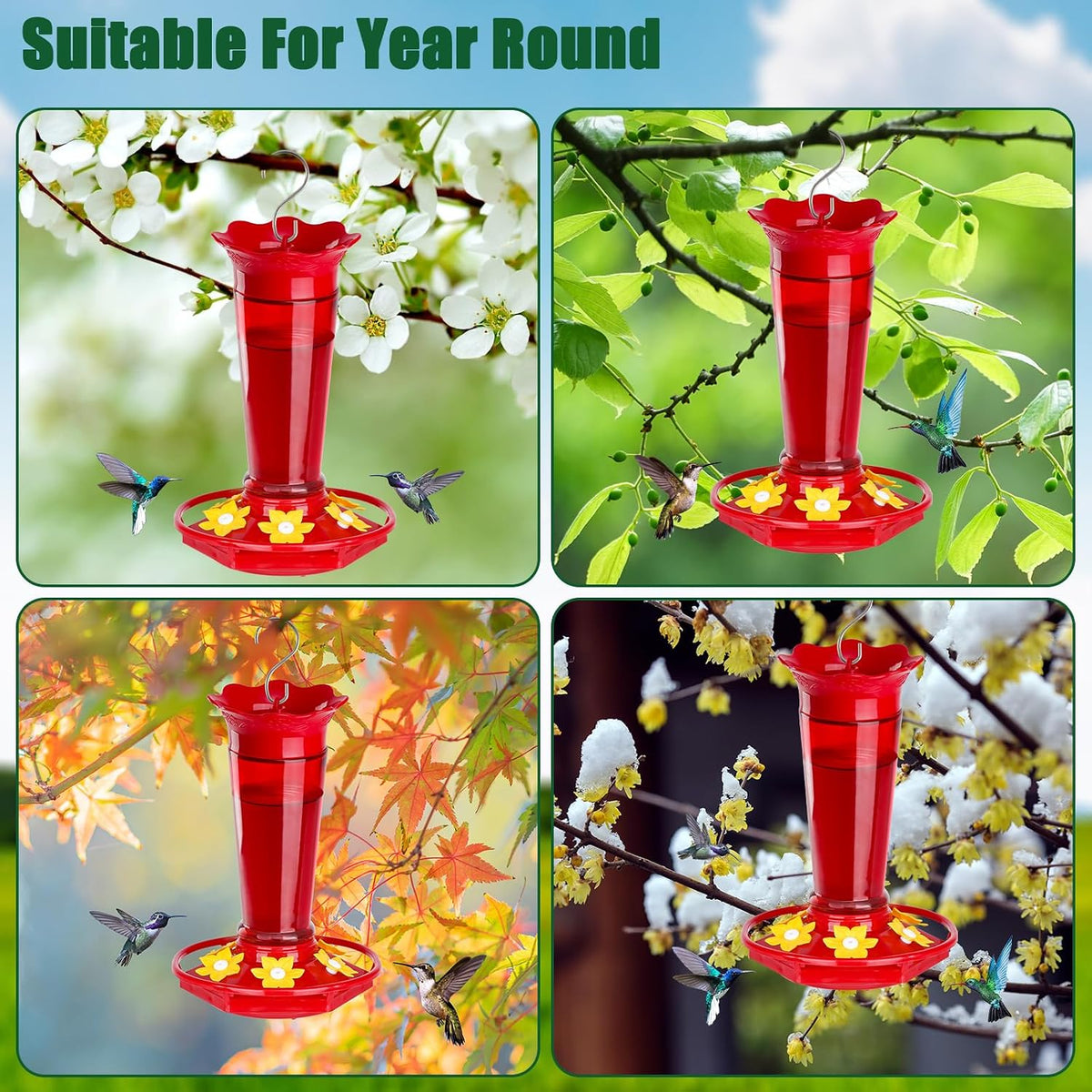 10 OZ Glass Hummingbird Feeders for Outdoors Hanging - Red 2 Pack, Ant & Bee Proof and 6 Feeding Ports, Garden Yard