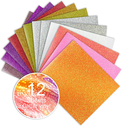 Glitter HTV Sparkly Heat Transfer Vinyl Bundle – 12 Assorted Colors 12"x10" Iron-On Vinyl Sheets for T-Shirts & DIY