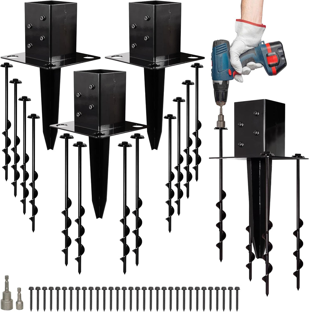 16″ No-Dig 4×4 Ground Spike Post Anchors – Powder-Coated Steel, Includes 4 Corner Screws – Heavy-Duty Ground Anchors
