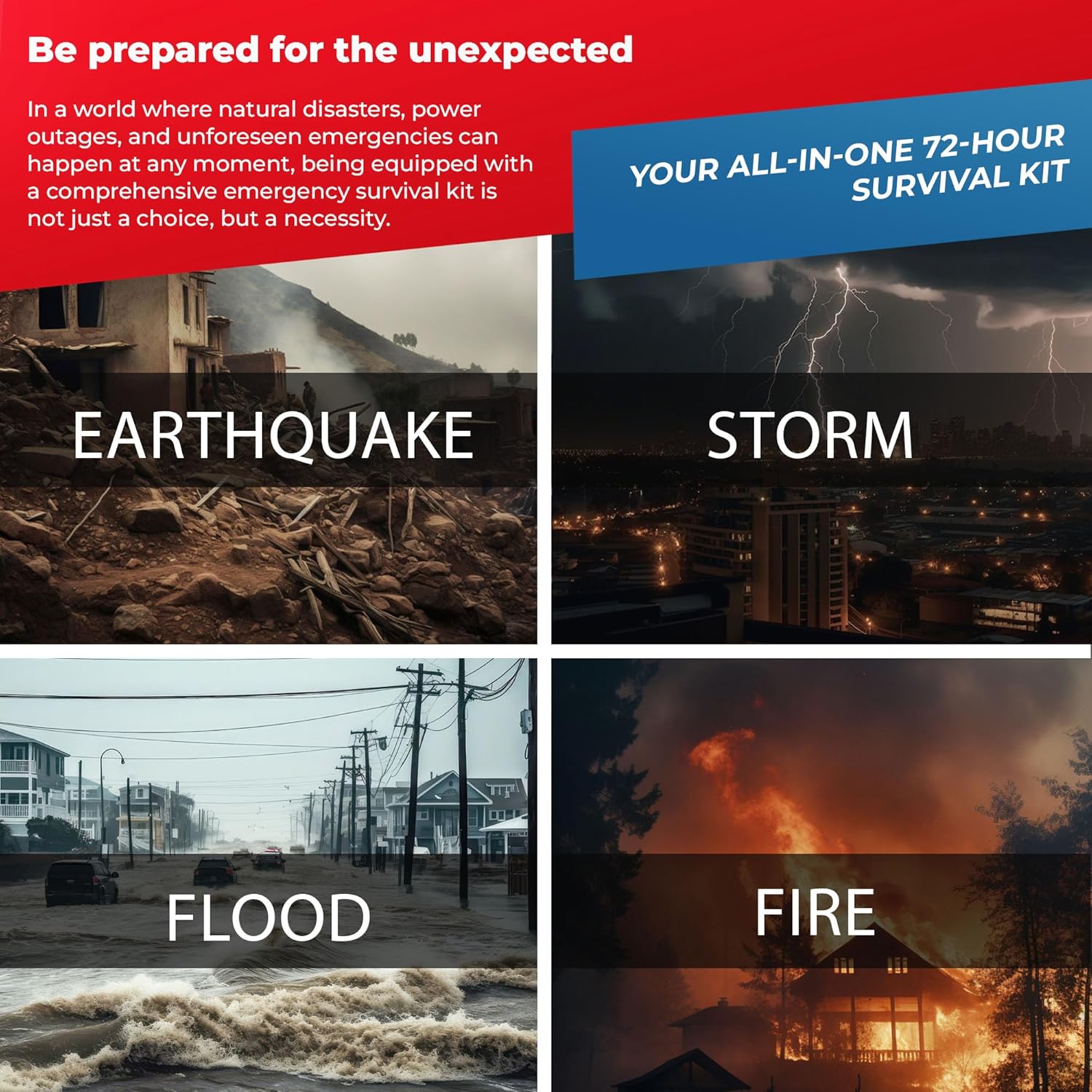 First My Family All-in-One 4 Person, 72 Hour Emergency Survival Kit for Fires, Earthquakes, Hurricanes, Floods