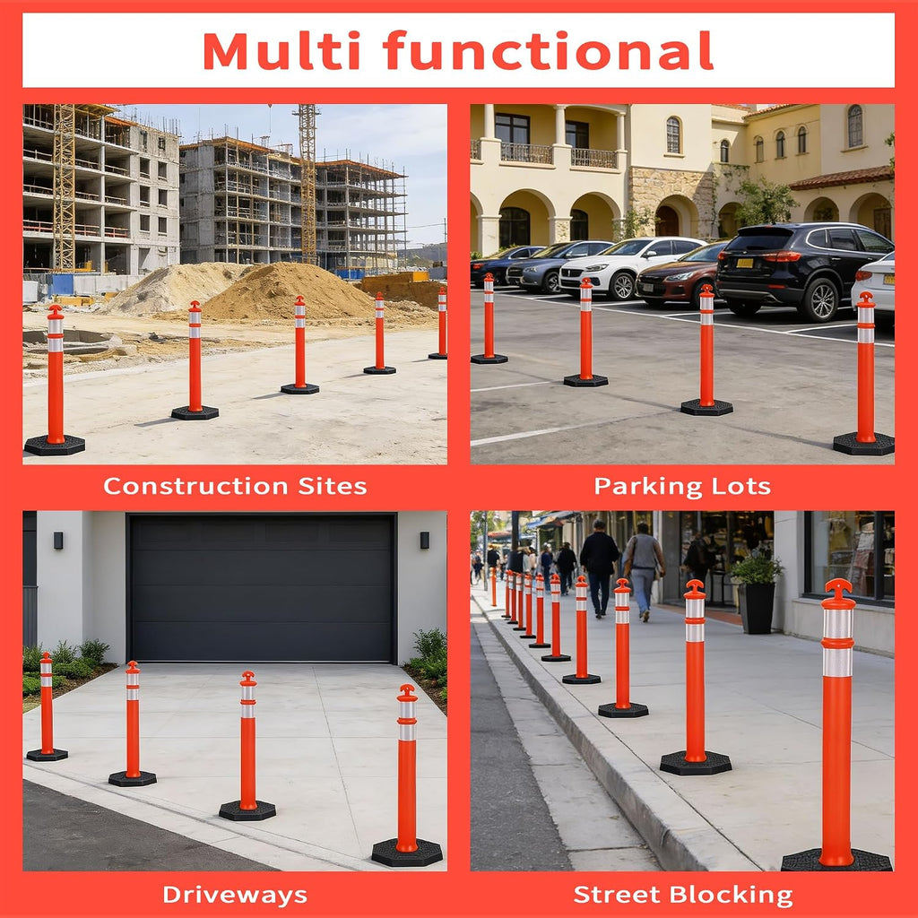 42" Traffic Delineator Posts 6 Pack,Safety Cones Heavy-Duty with Reflective Collars & Weighted Base for Construction