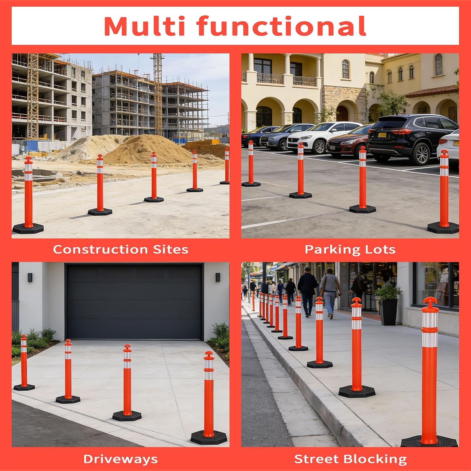 42" Traffic Delineator Posts 6 Pack,Safety Cones Heavy-Duty with Reflective Collars & Weighted Base for Construction