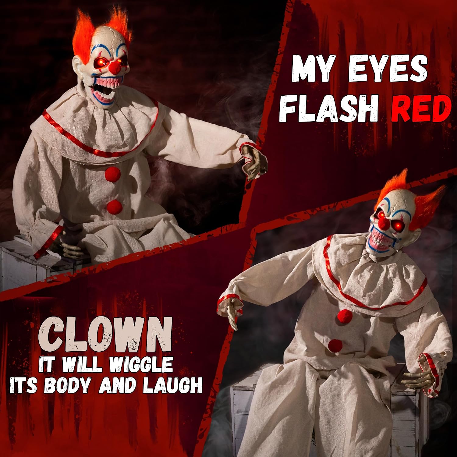 Halloween Animatronic Sitting Clown, Halloween Animated Decorations with Sound Activated, Creepy Sound, Light Up