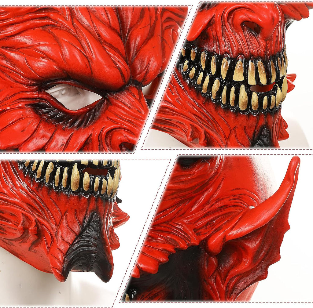Horror Red Devil Mask Scary Demon Vampire Mask Full Head Ram Horn Latex Headgear Halloween Cosplay Props for Adults