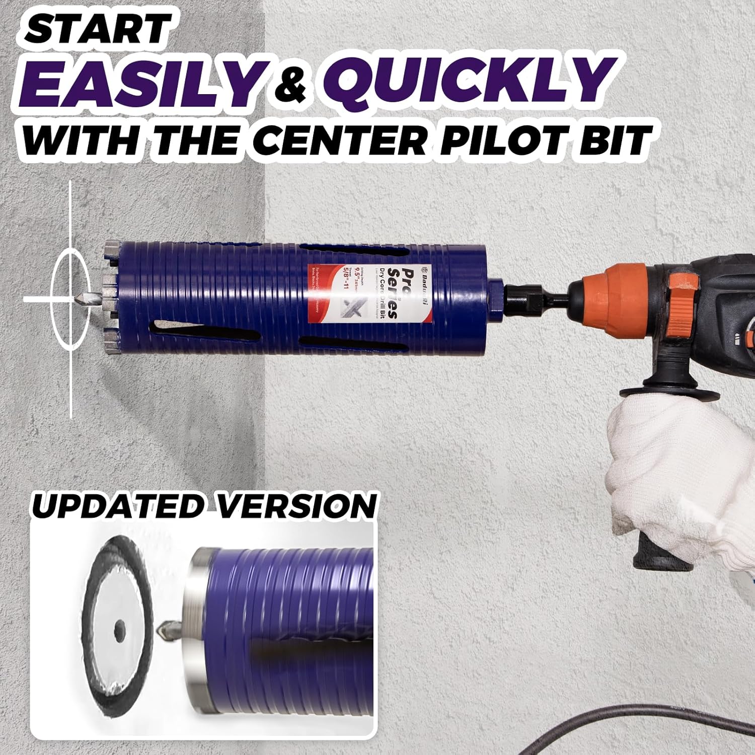1" Pro Dry Core Drill Bit with Pilot Bit & 3 Adapters (SDS Plus/SDS Max/1/2 Hex), Upgraded-Welded Blade Core Bits for