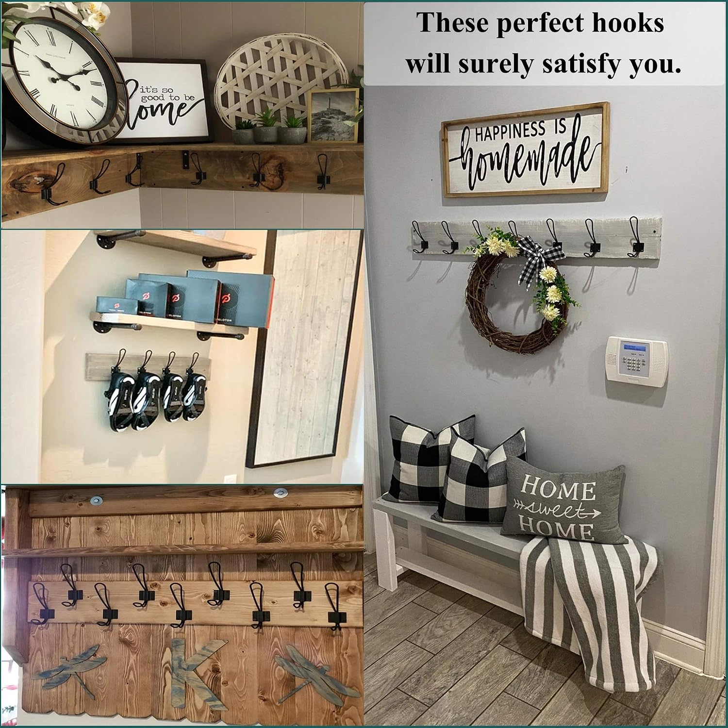 Rustic Entryway Hooks-12 Pack Farmhouse Hooks with Metal Screws Included, Black Decorative Wall Mounted Rustic Coat