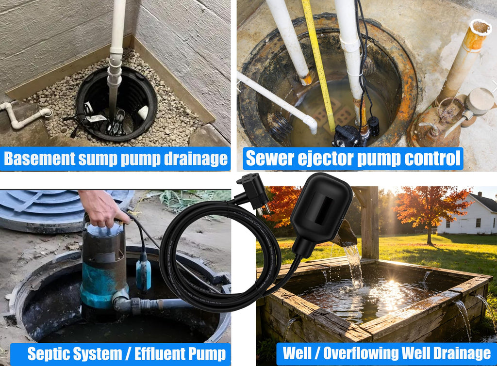 WHK Universal Sump Pump Float Switch Tethered 10FT Piggyback Plug 120V/16A