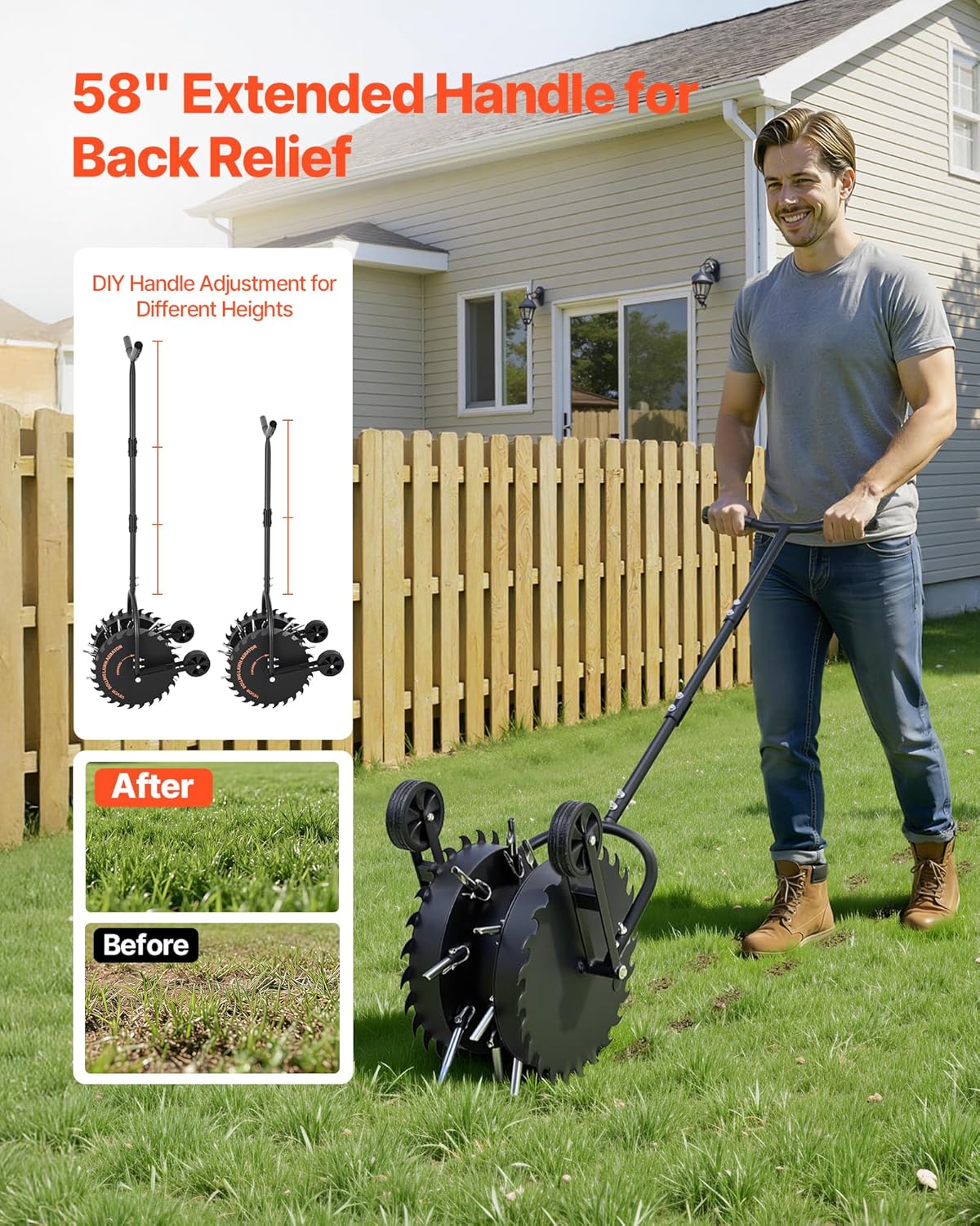 Rolling Lawn Core Aerator, 16.6 in Coring Aerator Roller with Anti-Clog Tines, Heavy Duty & Rust-Resistant, Yard