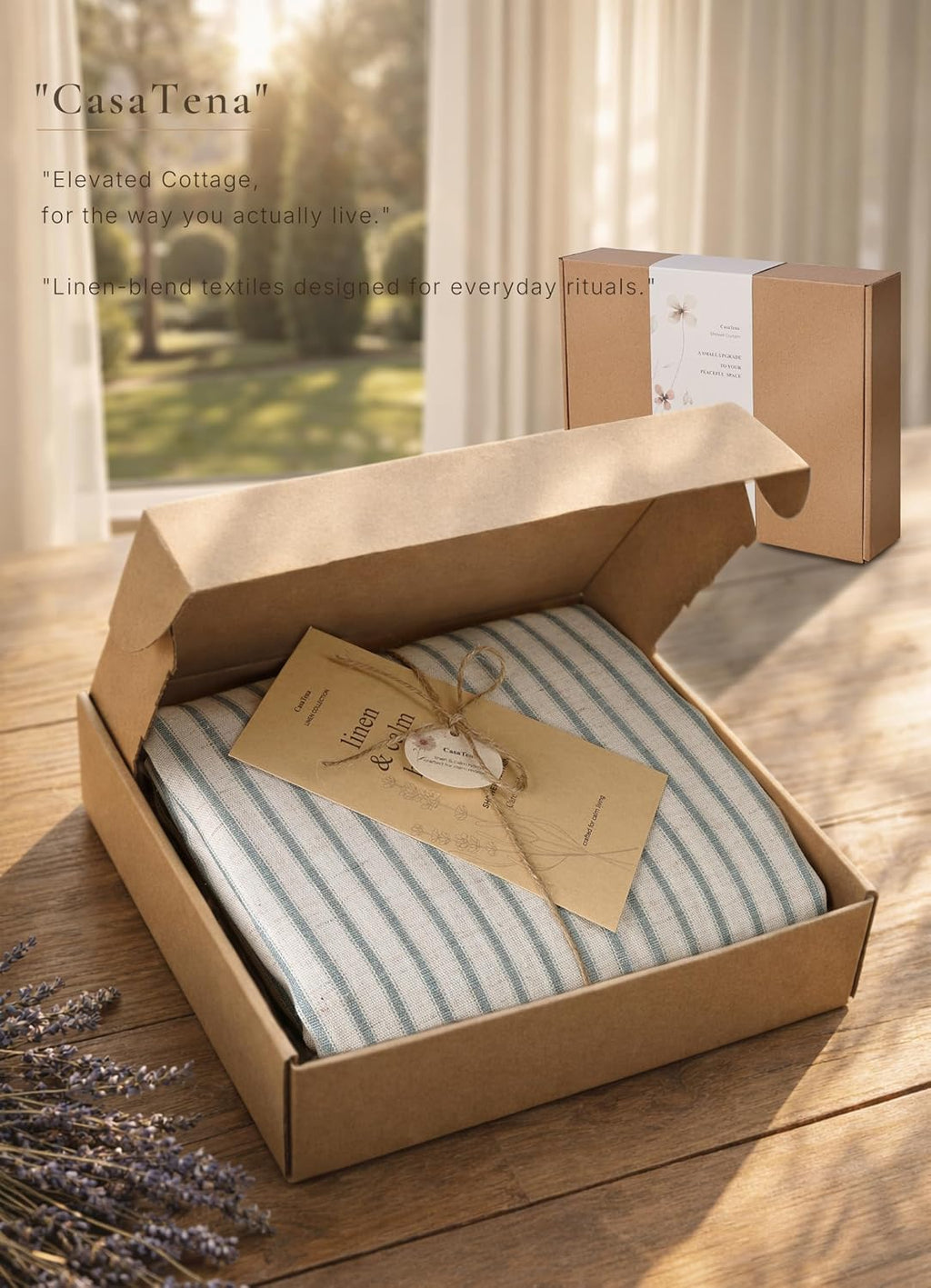 Farmhouse Striped Shower Curtain Set, Linen Blend Fabric with Detachable Polyester Liner, Breathable & Machine
