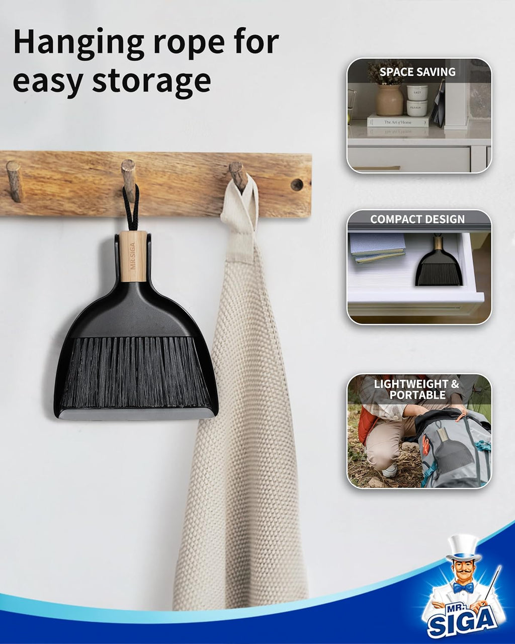 Mini Dustpan and Brush Set, Portable Cleaning Brush and Dustpan Combo with Bamboo Handle, Black, 1 Set