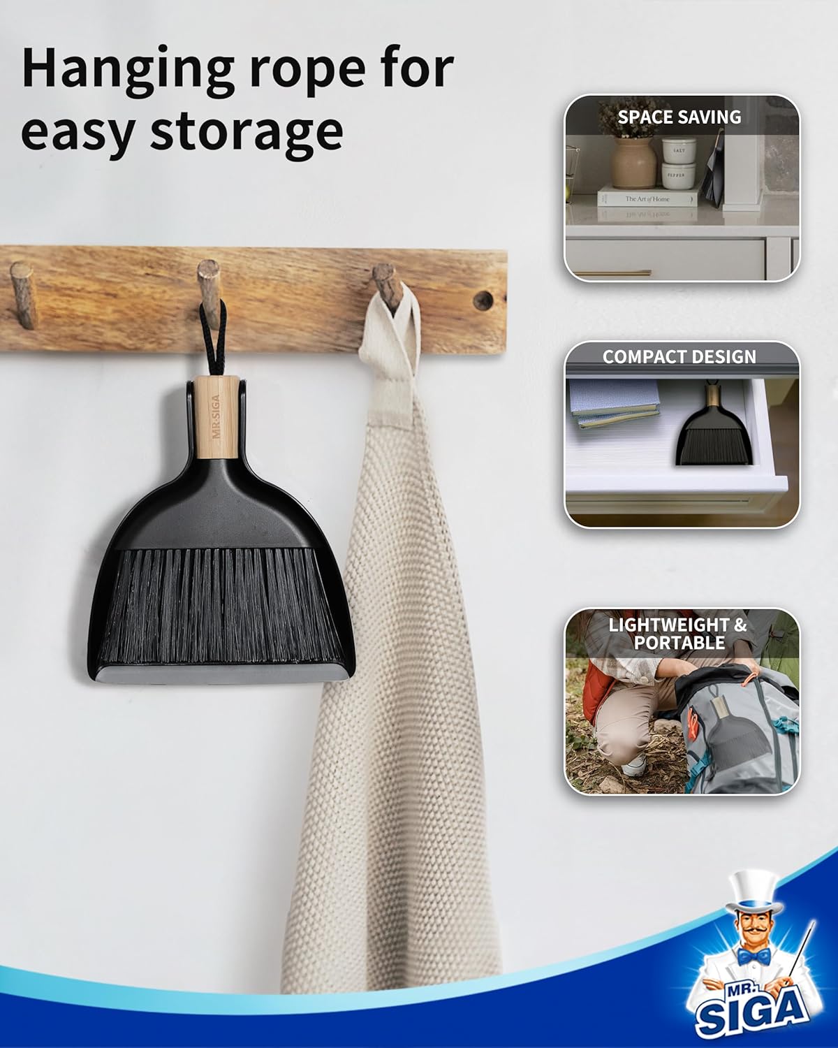Mini Dustpan and Brush Set, Portable Cleaning Brush and Dustpan Combo with Bamboo Handle, Black, 1 Set