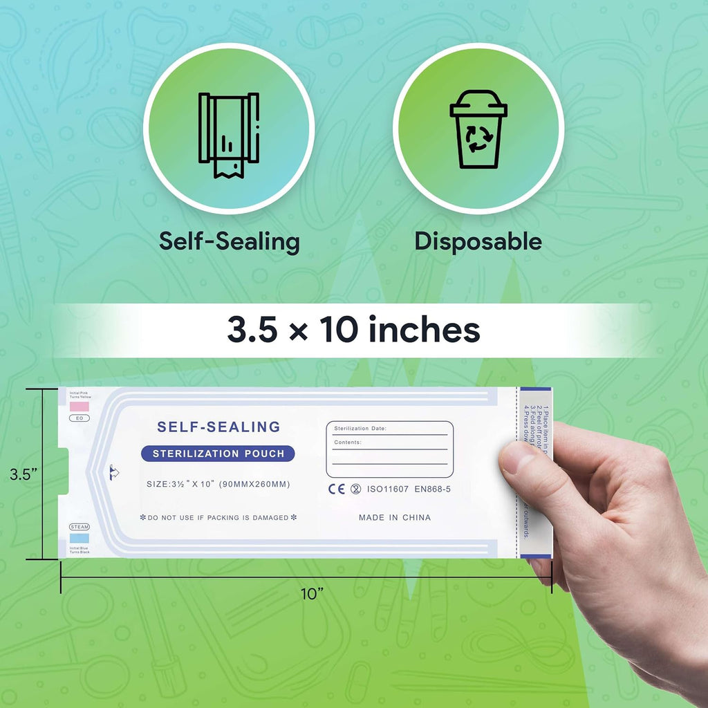 Self Seal Sterilization Pouches 3.5 x 10-50 Disposable Sterilizers for Cleaning Tools and Dental Offices