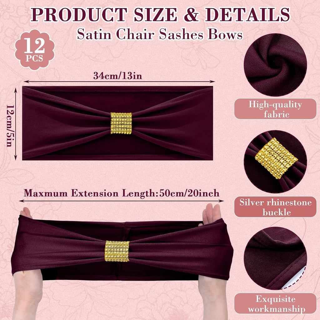 24 Pack Chair Covers with Sashes Spandex Stretch, Wine Red