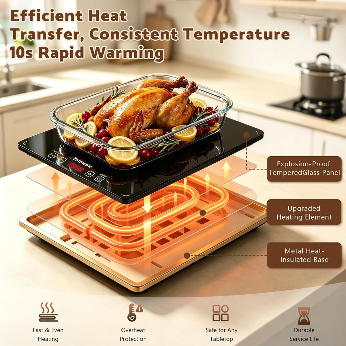 Electric Warming Tray, 42.5"x14.96" Extra Large 4-in-1 Food Warmer for with 8 Temp Settings & Timer, 4MM Tempered