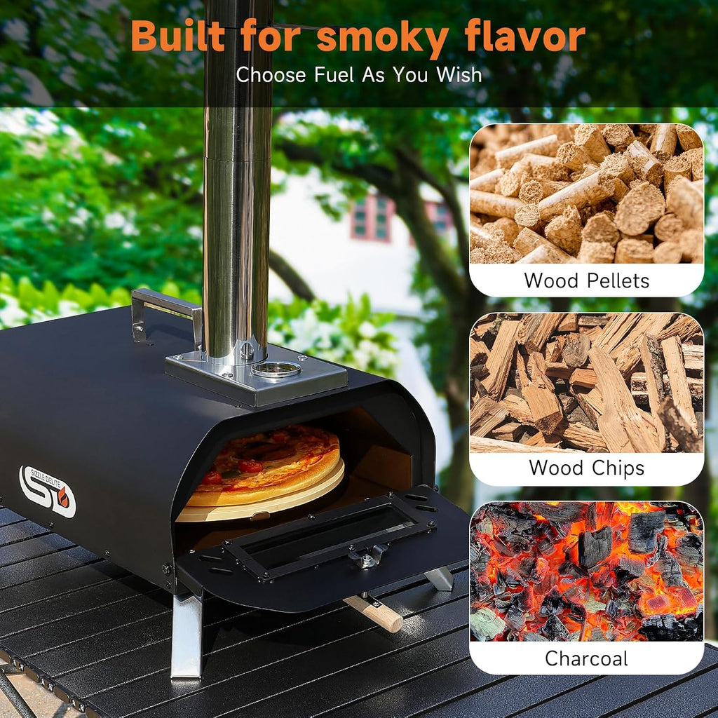 Outdoor Pizza Oven Wood Pellet 12" Round Pizza Stone, Portable Wood Fired with Built-in Thermometer Pizza Stove