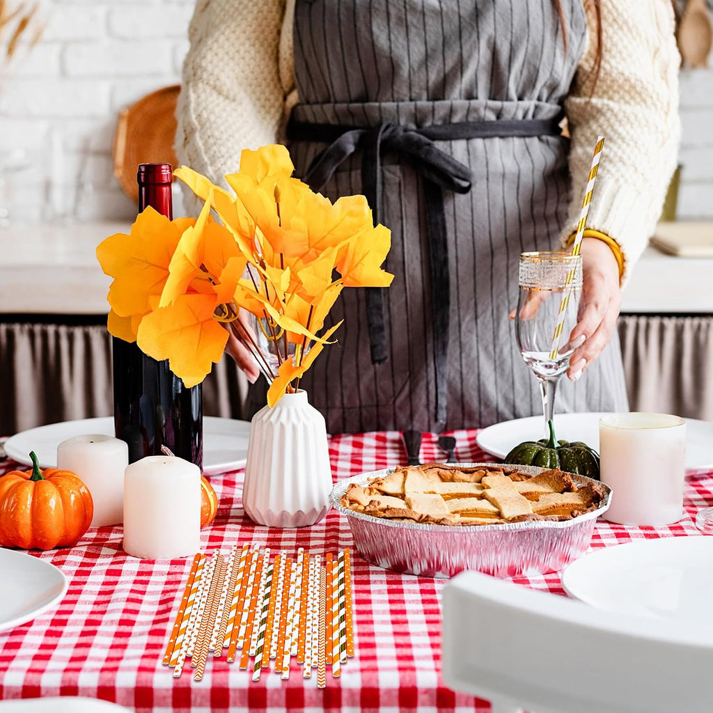 200 Pieces Thanksgiving Paper Straws Orange and Gold Assorted Paper Straws Biodegradable Drinking Straw Mix for Fall