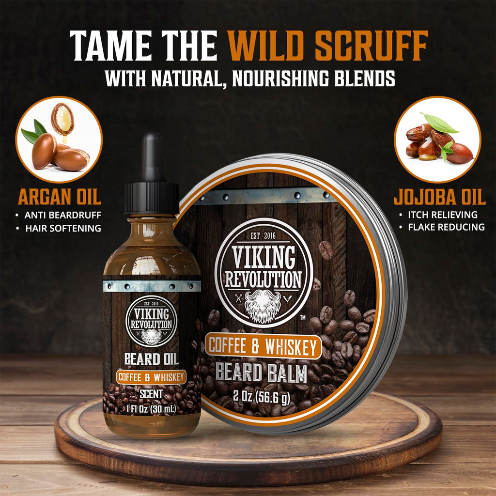 Coffee and Whiskey Beard Balm for Men (2oz) and Beard Oil (1 fl oz) Kit - With Argan and Jojoba Oils - Soften and