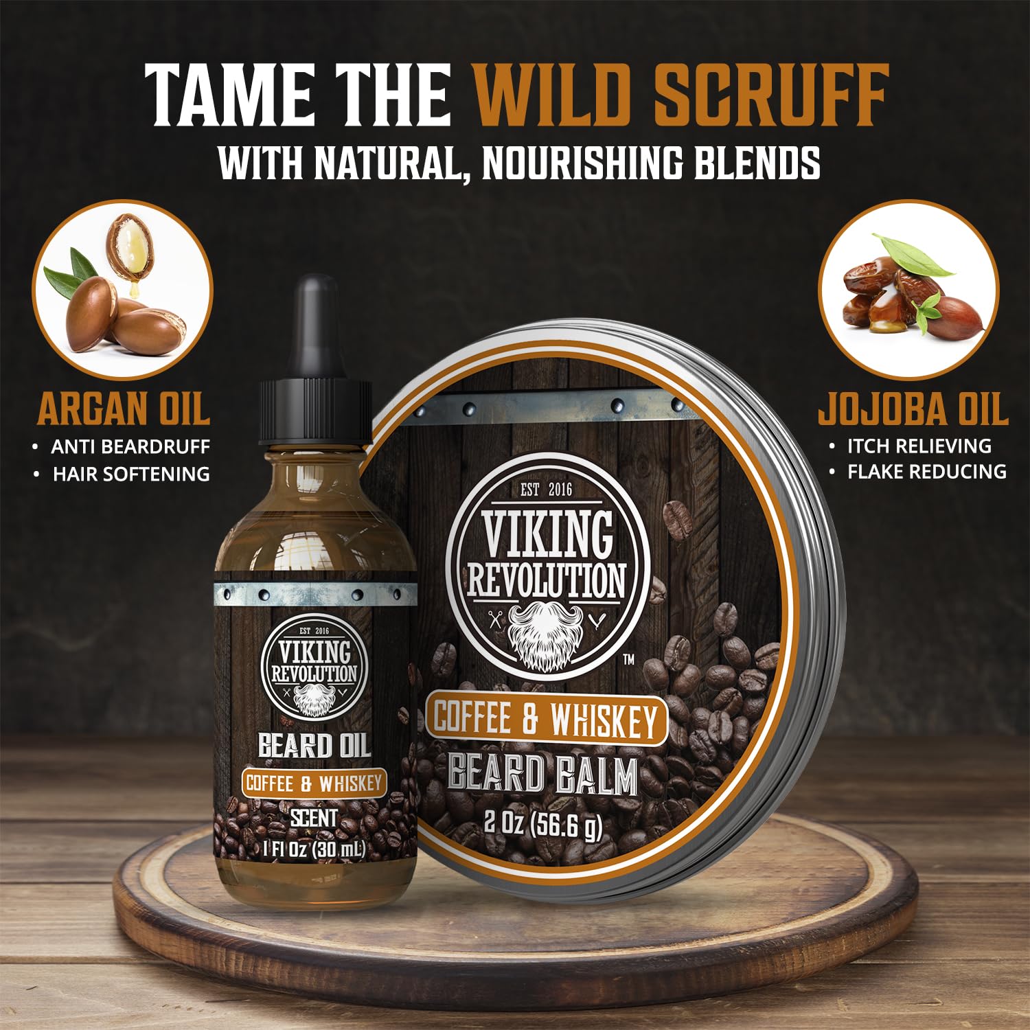 Coffee and Whiskey Beard Balm for Men (2oz) and Beard Oil (1 fl oz) Kit - With Argan and Jojoba Oils - Soften and