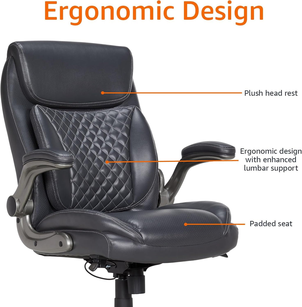 Ergonomic Executive Office Chair with Adjustable Lumbar Support, Flip-up Arms, Height Adjustable, 360° Rolling