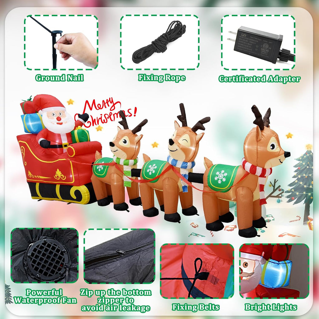 12 Ft Christmas Inflatables Outdoor Decorations Giant Blow Up Yard Decorations Inflatable Santa Claus on Sleigh and 3