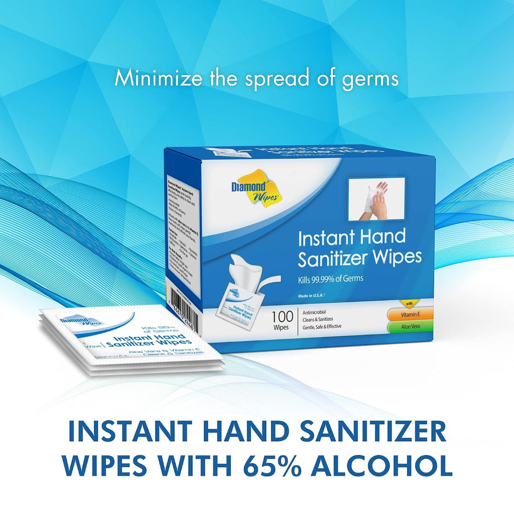 Instant Hand Sanitizer Wipes With Vitamin E, 100 Count | 65% Alcohol Wipes With Vitamin E & Aloe Vera - 6x5 In