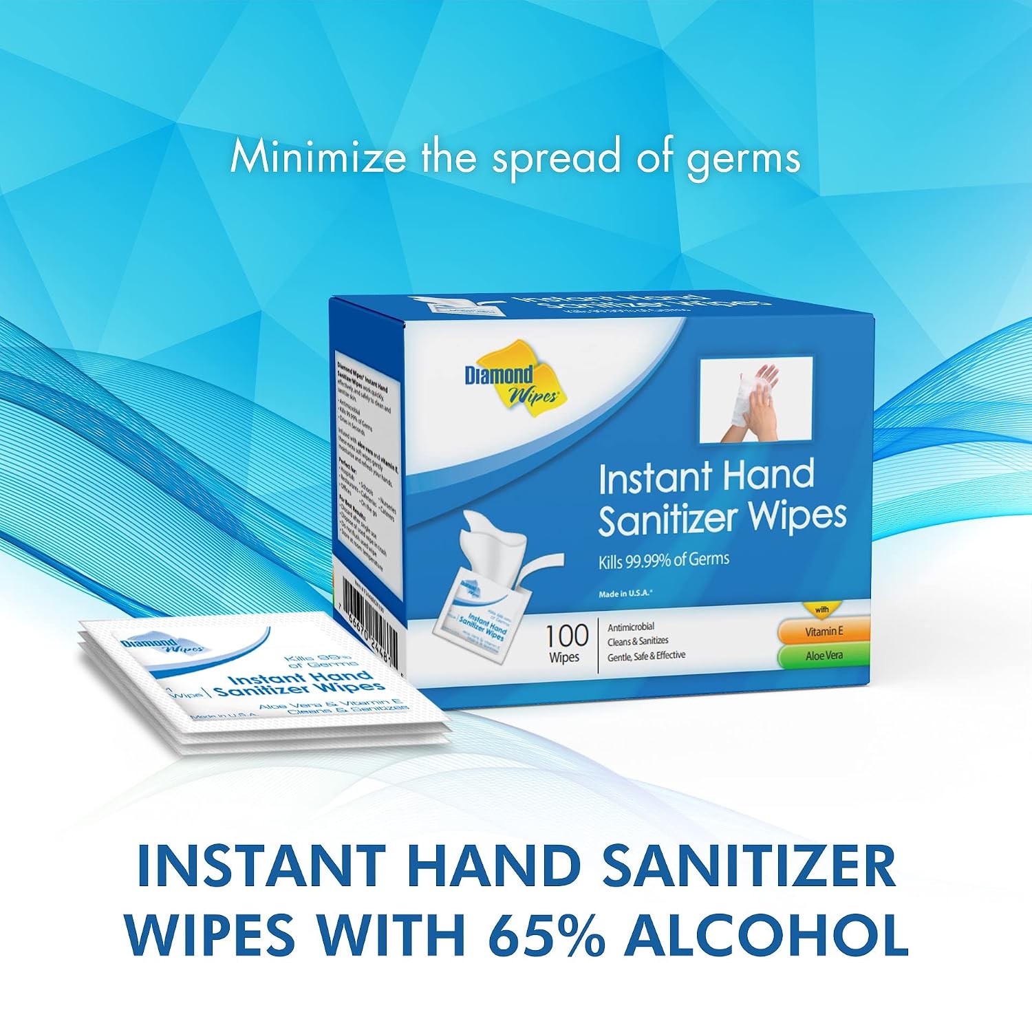 Instant Hand Sanitizer Wipes With Vitamin E, 100 Count | 65% Alcohol Wipes With Vitamin E & Aloe Vera - 6x5 In