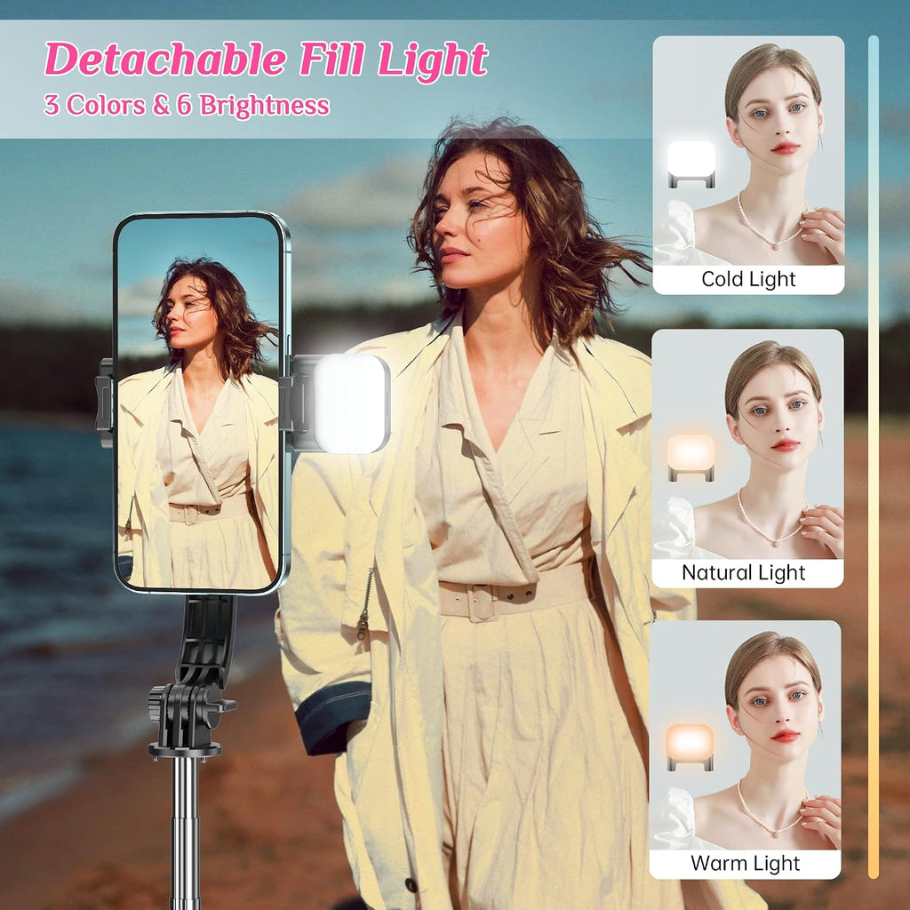 Selfie Stick Tripod with Fill Light, All in One Extendable Selfie Stick with Detachable Wireless Remote, Flexible