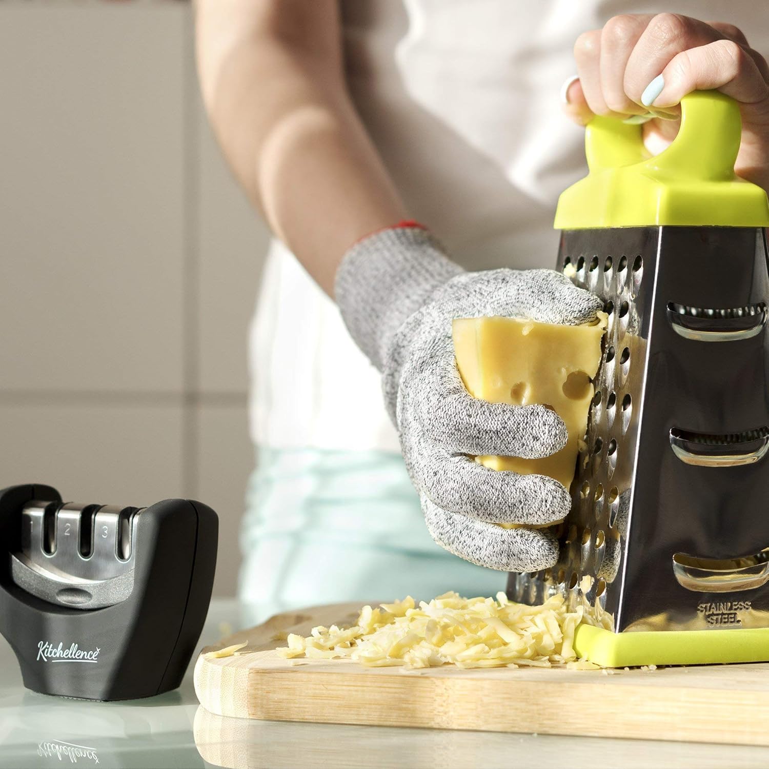 4-in-1 Kitchen Knife Accessories: 3-Stage Knife Sharpener Helps Repair, Restore, Polish Blades and Cut-Resistant