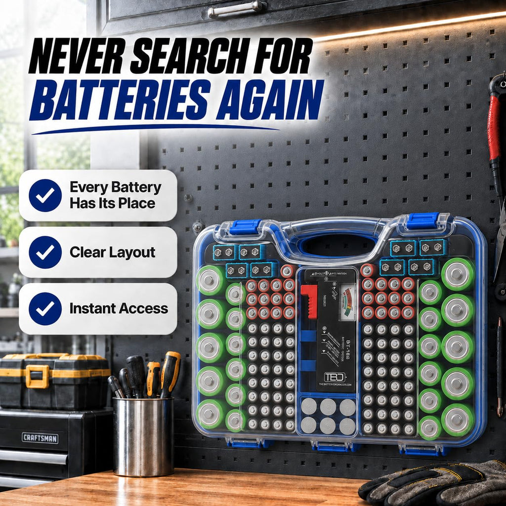 180 Battery Organizer Case with Tester, Double-Sided, Locking Lid, Blue