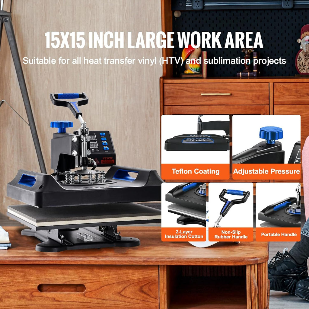 Heat Press Machine 15x15 in Upgrade 5 in 1 Heat Transfer Machine Blue | Multifunction Transfer Machine Sublimation