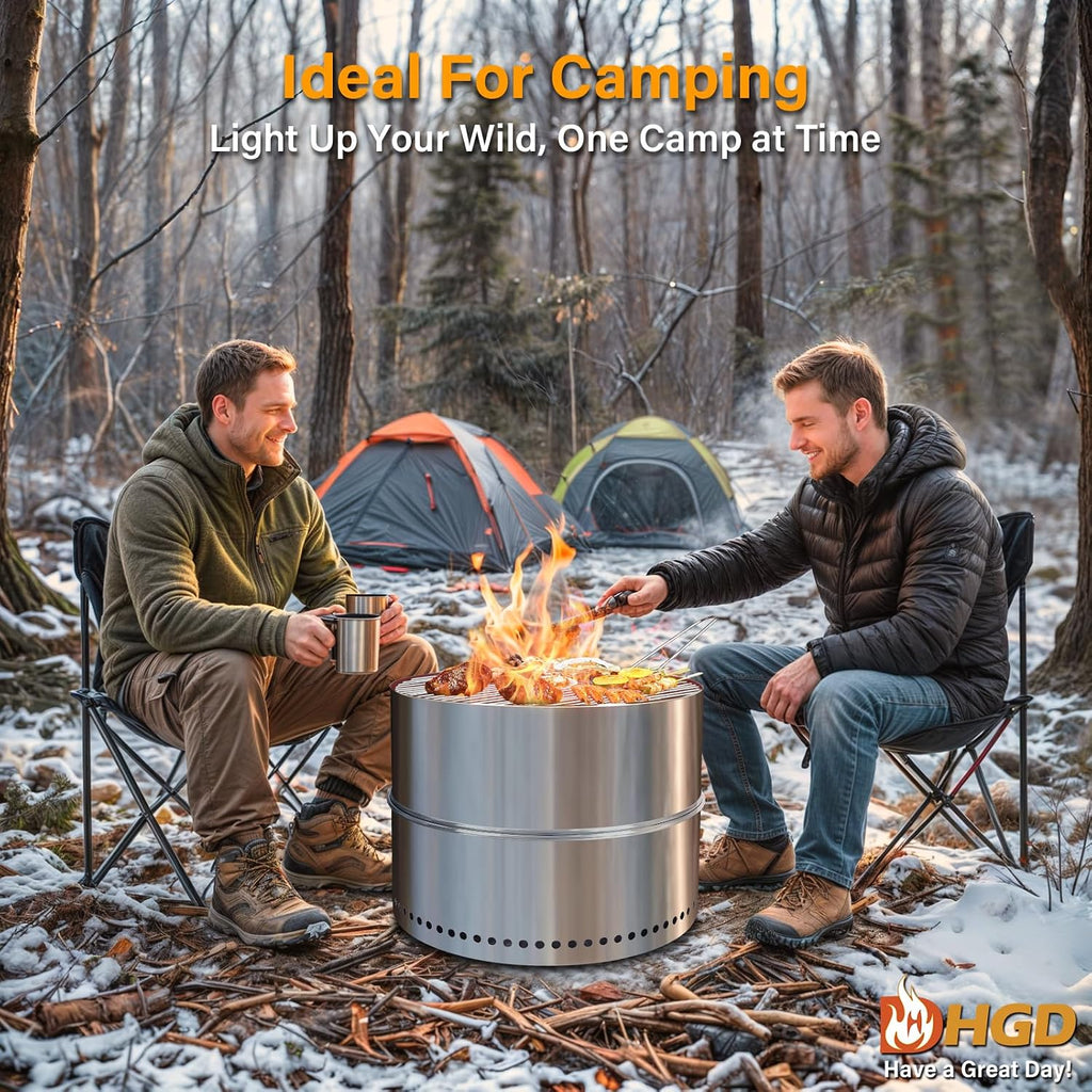 19.6 Inch Smokeless Firepit with Grill, Portable Wood Burning Fire Pit for Camping & Backyard, Stainless Steel
