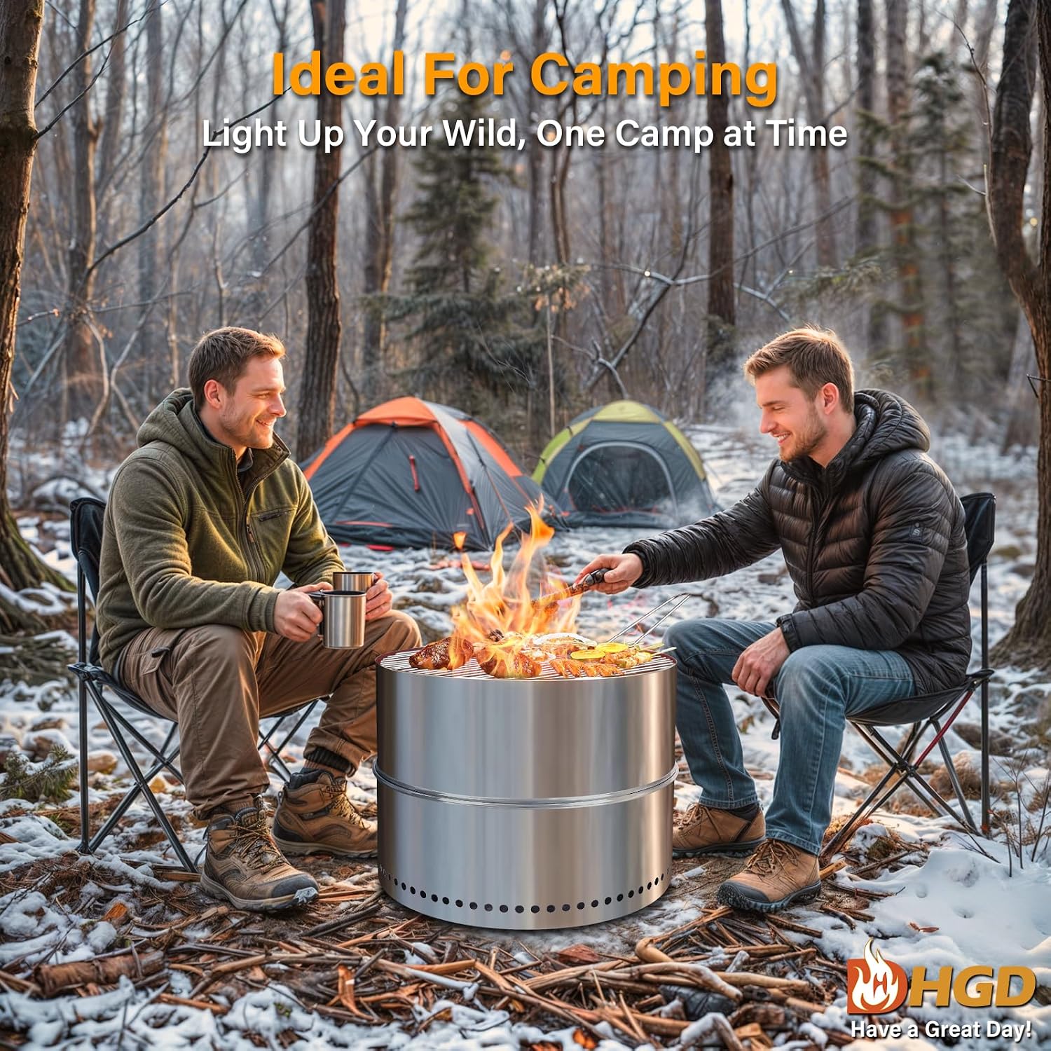 19.6 Inch Smokeless Firepit with Grill, Portable Wood Burning Fire Pit for Camping & Backyard, Stainless Steel