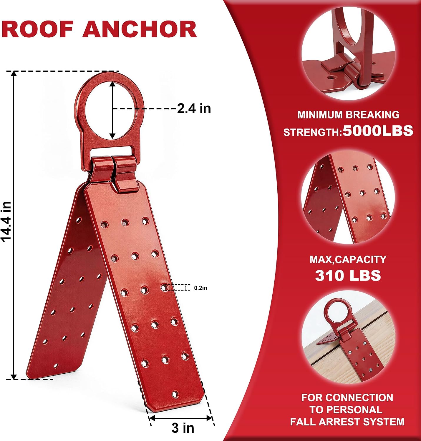 Reusable Roof Anchor, Easy to Install Roof Bracket for Fall Protection, High Stength D-ring with Corrosion Resistant