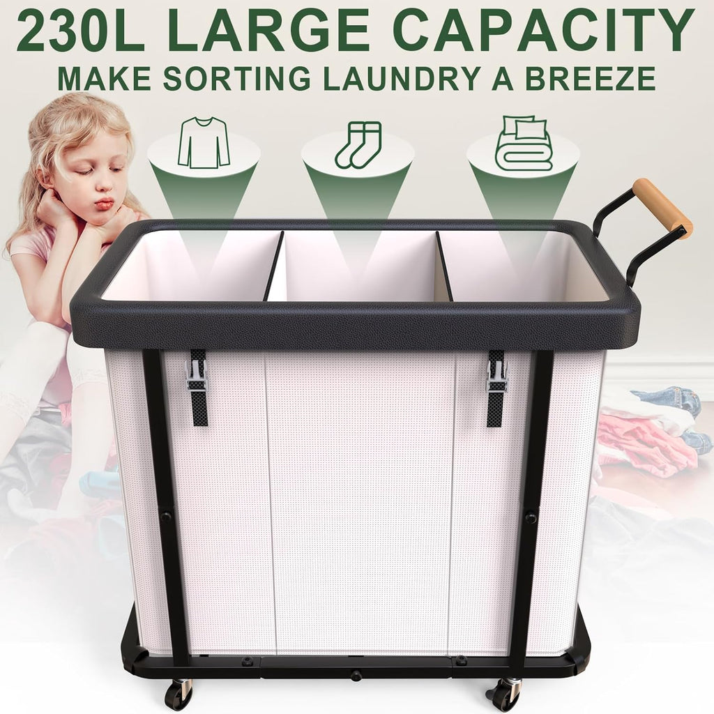 Laundry Hamper 3 Section,230L Rolling Dirty Clothes Hamper White | Laundry Basket with Wheels & Lid,Laundry Organizer